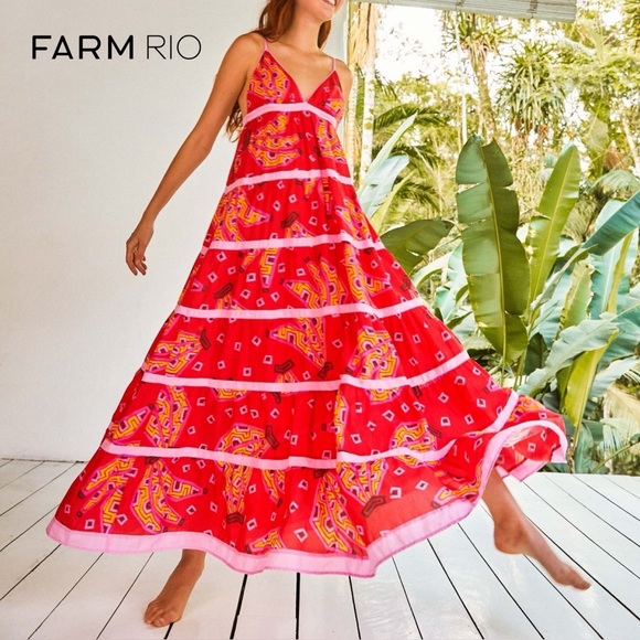 FARM Rio Dresses & Skirts - FARM Rio Red Tiki Bananas Tiered Maxi Dress Large NWT